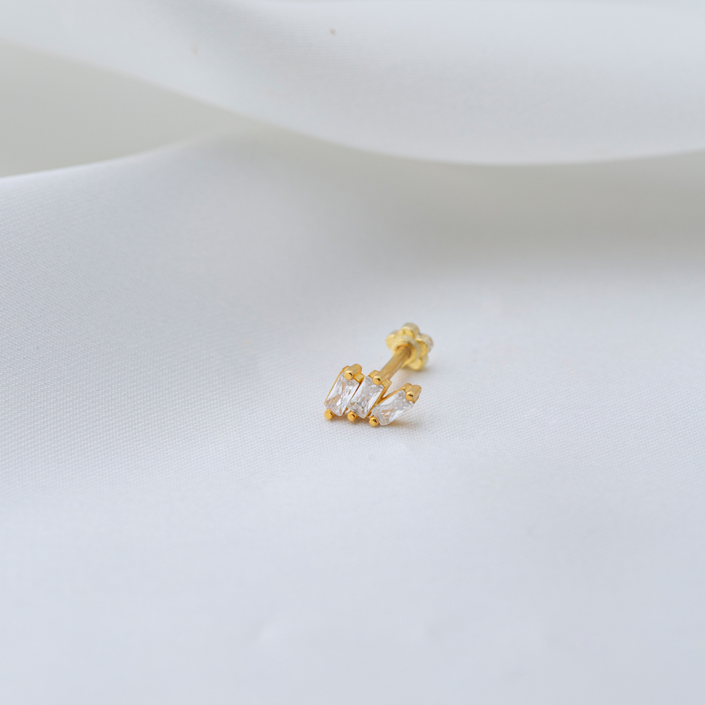 Minimalist Shape Zircon Stone Single Piercing Wholesale Handmade Turkish 925 Sterling Silver