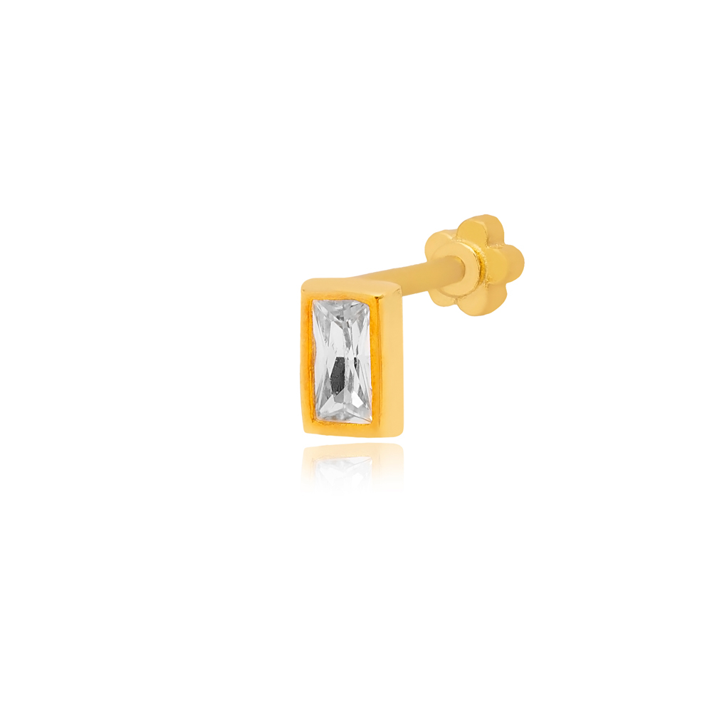 Tiny Rectangle Zircon Stone Single Piercing Wholesale Handmade Turkish 925 Sterling Silver