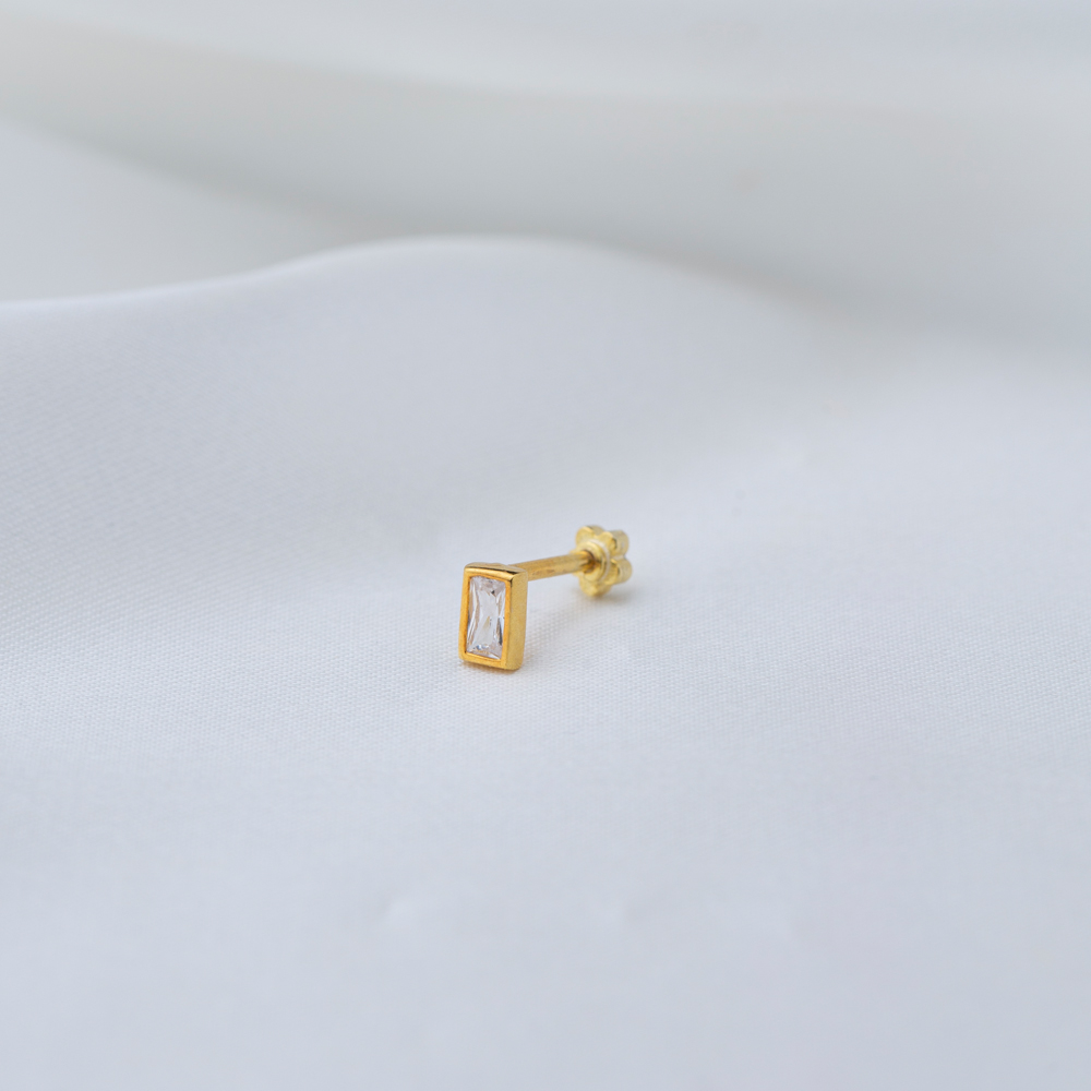 Tiny Rectangle Zircon Stone Single Piercing Wholesale Handmade Turkish 925 Sterling Silver