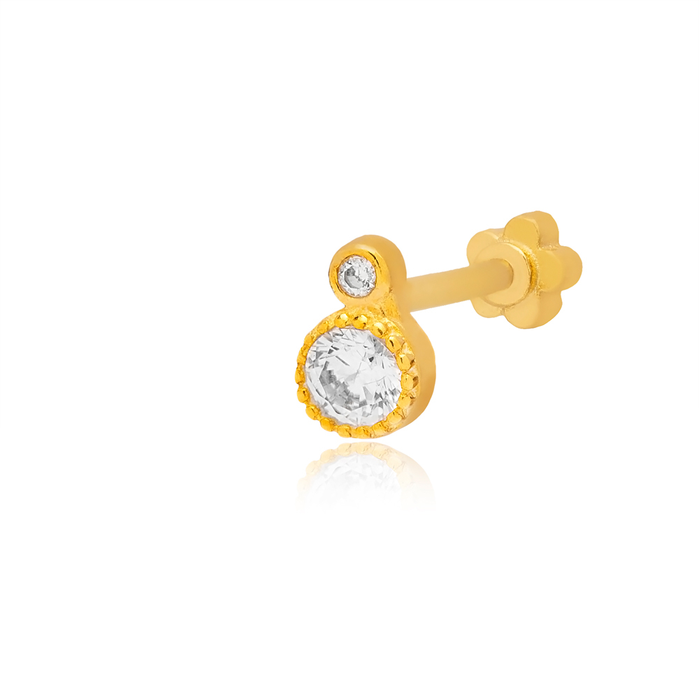 Tiny Round Clear Zircon Stone Single Piercing Turkish Wholesale Handmade 925 Sterling Silver
