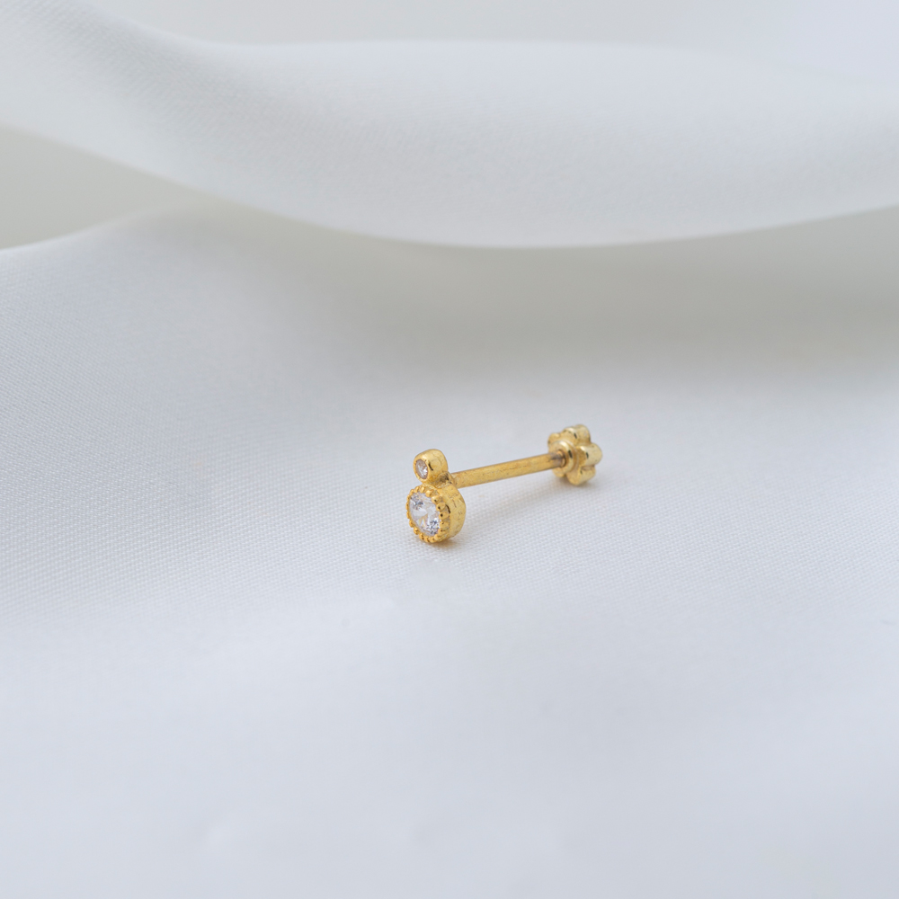 Tiny Round Clear Zircon Stone Single Piercing Turkish Wholesale Handmade 925 Sterling Silver