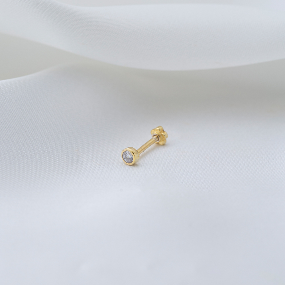 Round Zircon Stone Single Piercing Turkish Wholesale Handmade 925 Sterling Silver Jewelry