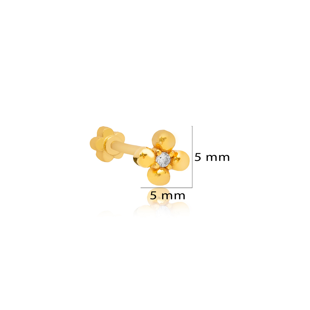Flower Shape Single Piercing Wholesale Handmade Turkish 925 Sterling Silver Jewelry
