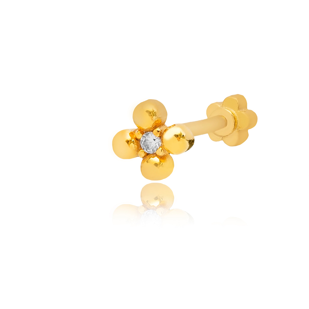 Flower Shape Single Piercing Wholesale Handmade Turkish 925 Sterling Silver Jewelry