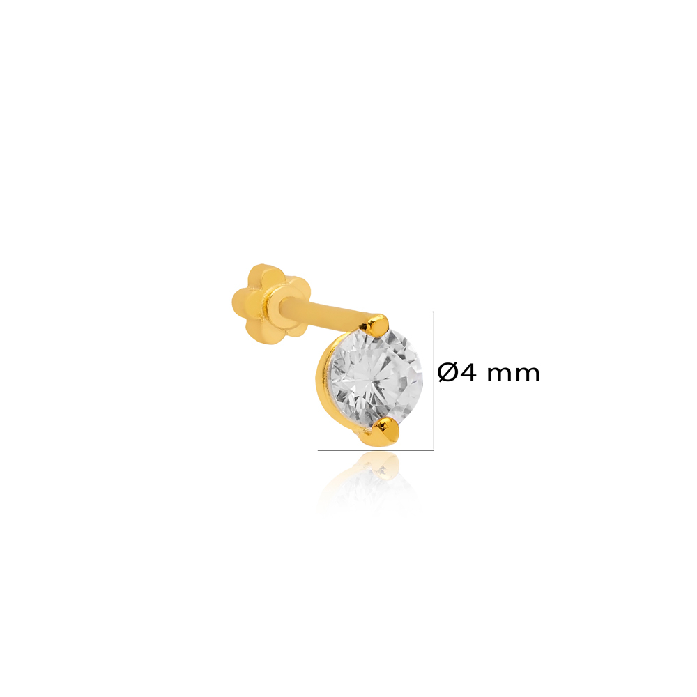 Round Clear Zircon Stone Single Piercing Wholesale Handmade Turkish 925 Sterling Silver Jewelry