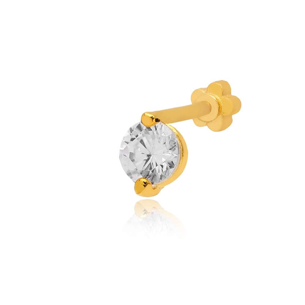 Round Clear Zircon Stone Single Piercing Wholesale Handmade Turkish 925 Sterling Silver Jewelry