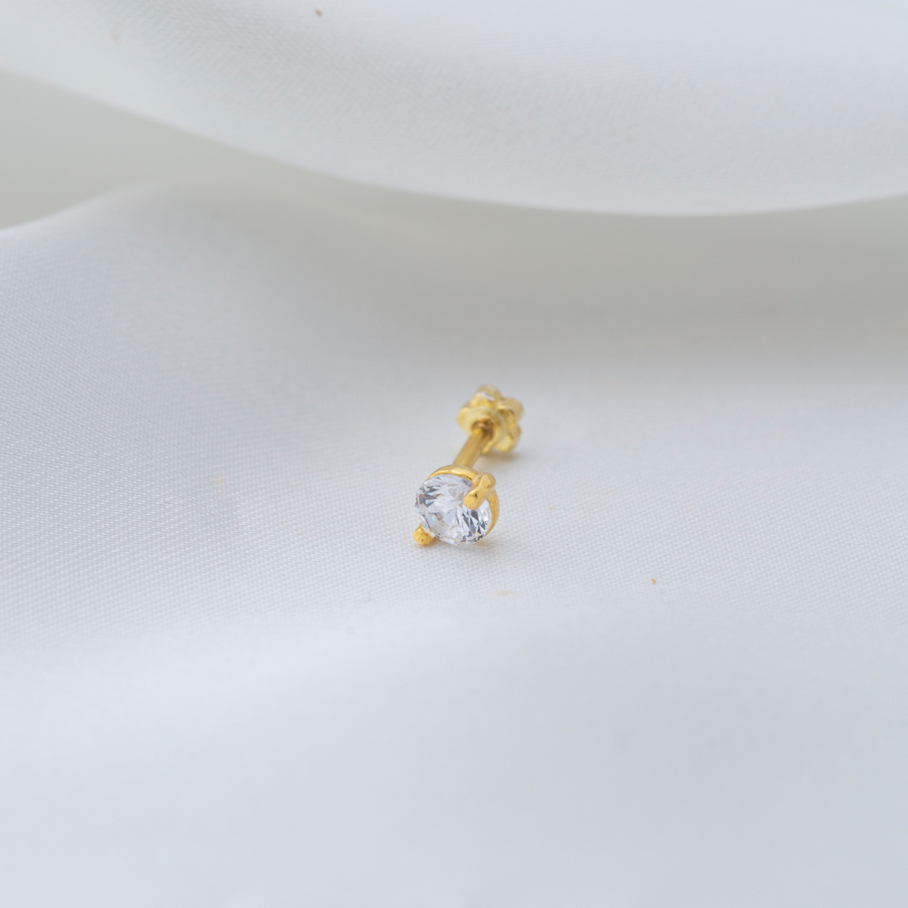 Round Clear Zircon Stone Single Piercing Wholesale Handmade Turkish 925 Sterling Silver Jewelry