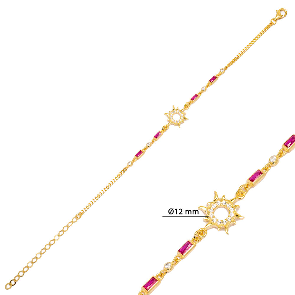 Sun Design Ruby Stone Chain Bracelet Women 925 Sterling Silver Jewelry