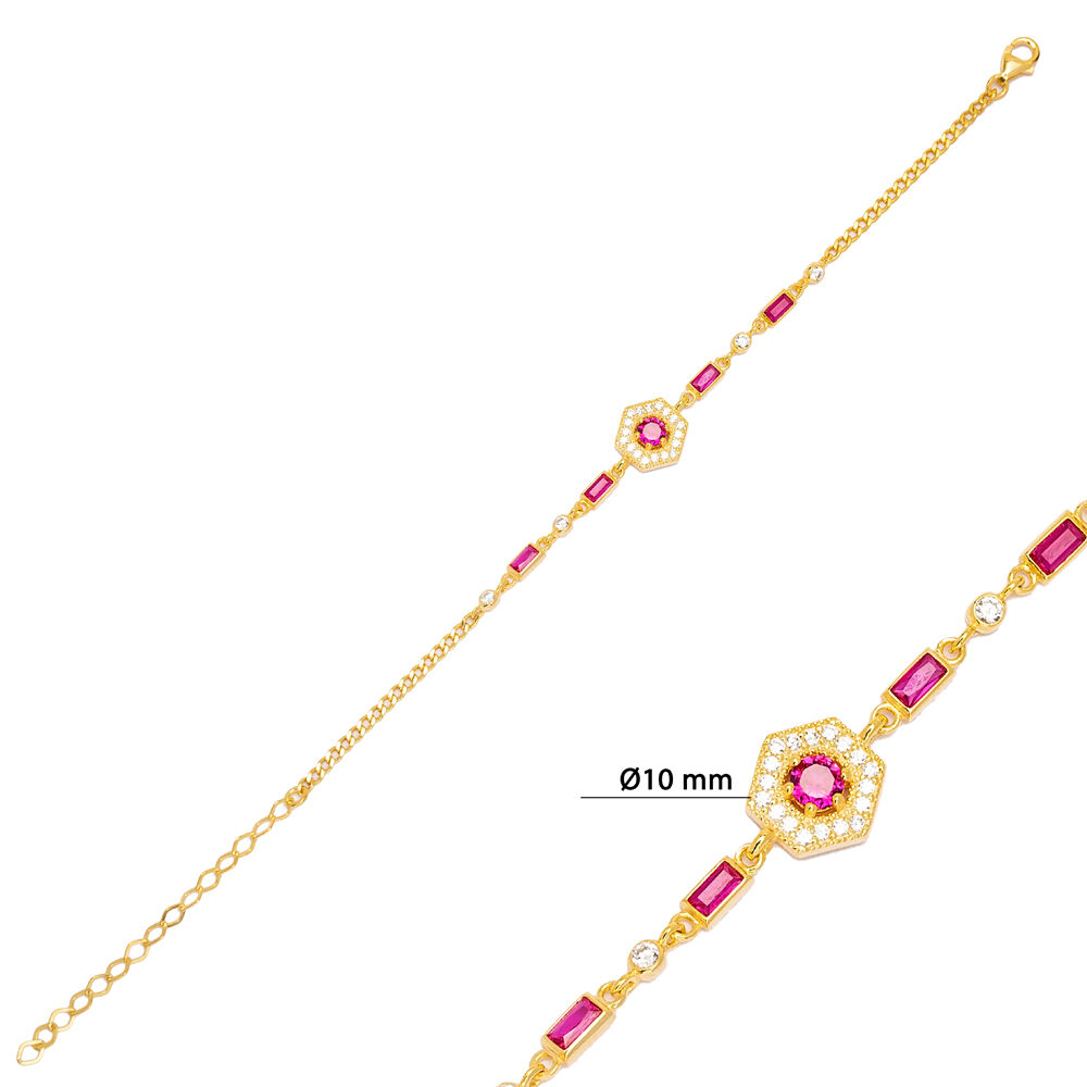 Dainty Ruby Zircon Stone Geometric Chain Bracelet Handmade 925 Sterling Silver Jewelry