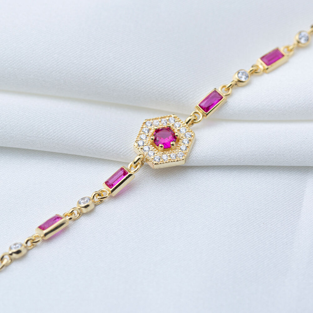 Dainty Ruby Zircon Stone Geometric Chain Bracelet Handmade 925 Sterling Silver Jewelry