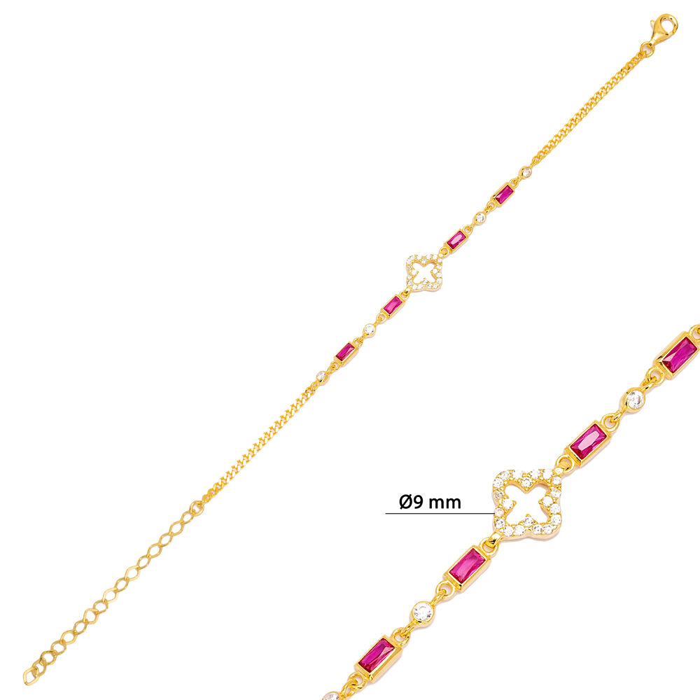 Clover Design Ruby Zircon Stone Chain Bracelet Handmade 925 Sterling Silver Jewelry