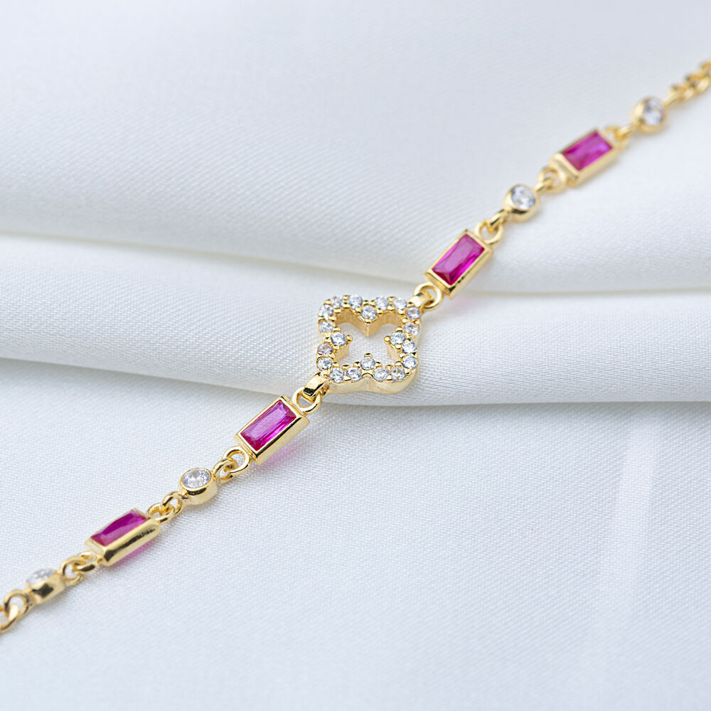 Clover Design Ruby Zircon Stone Chain Bracelet Handmade 925 Sterling Silver Jewelry