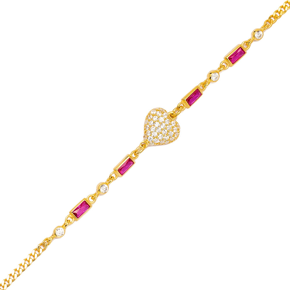 Cute Heart Design Ruby Zircon Stone Chain Bracelet Handmade 925 Sterling Silver Jewelry