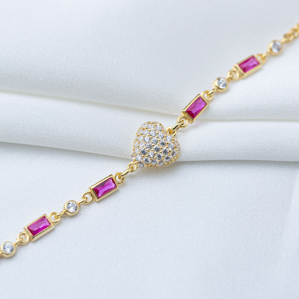 Cute Heart Design Ruby Zircon Stone Chain Bracelet Handmade 925 Sterling Silver Jewelry