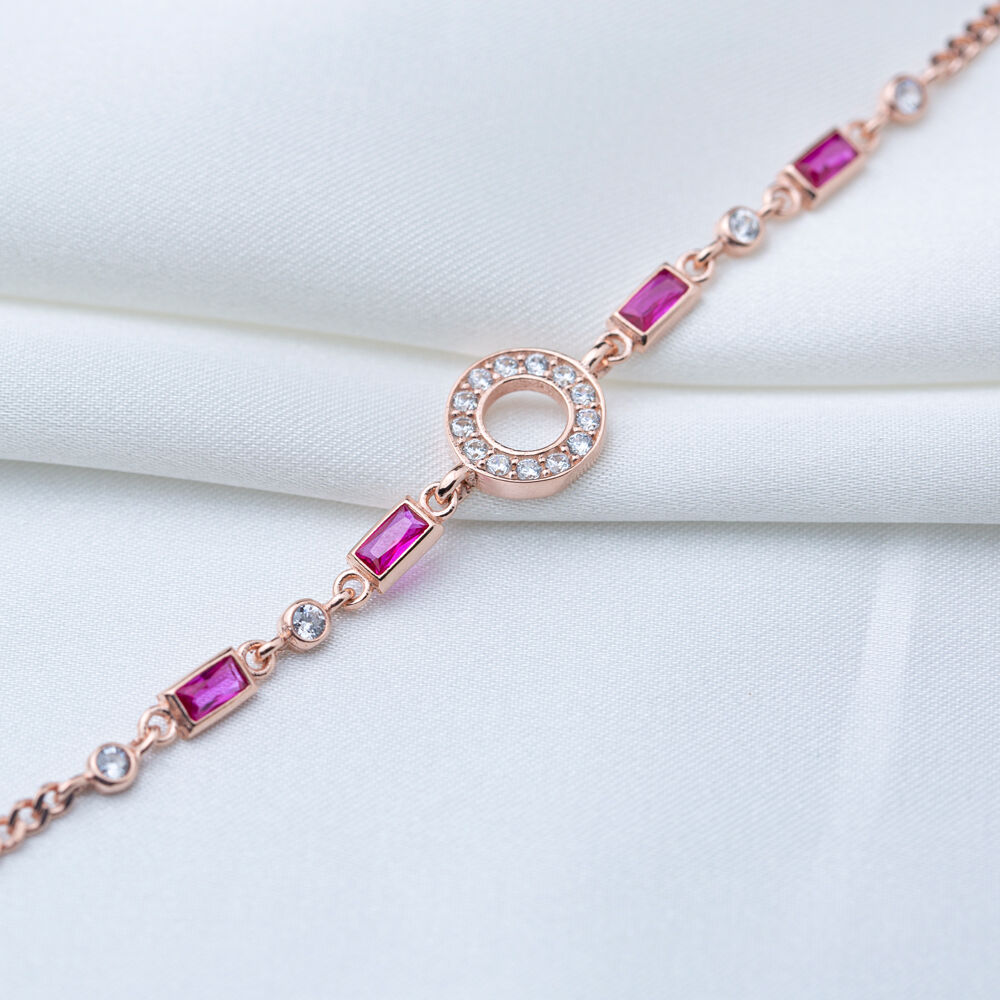Round Hollow Design Ruby Zircon Stone Chain Bracelet Handmade 925 Sterling Silver Jewelry