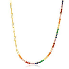 Multicolor Zircon Stone Elegant Tennis Chain Necklace Pendant Handcrafted 925 Sterling Silver Jewelry