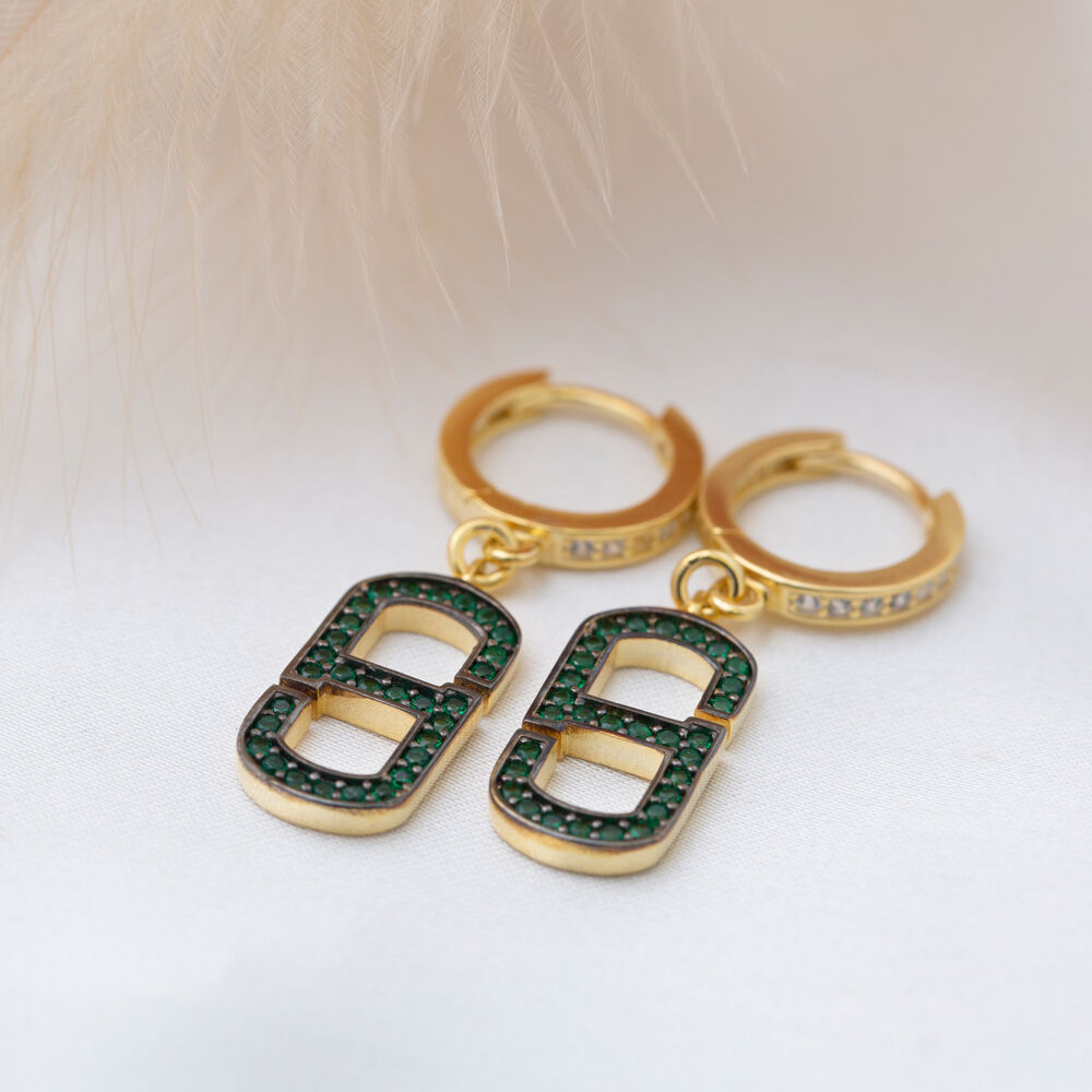 Emerald Zircon Geometric Design Dangle Earrings Wholesale Turkish 925 Sterling Silver Jewelry