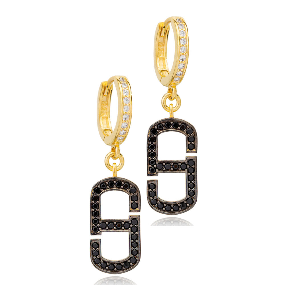 Black Zircon Geometric Design Dangle Earrings Wholesale Turkish 925 Sterling Silver Jewelry