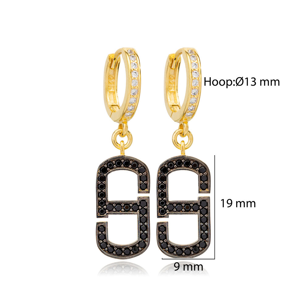 Black Zircon Geometric Design Dangle Earrings Wholesale Turkish 925 Sterling Silver Jewelry