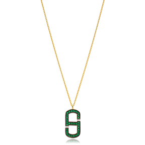 Emerald Zircon Geometric Design Charm Pendant Necklace Wholesale Turkish 925 Sterling Silver