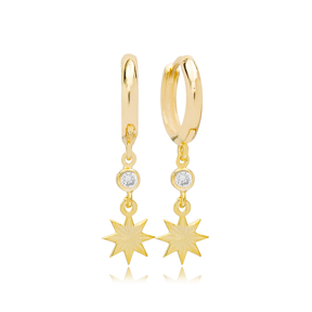 Plain Star Design Dangle Earrings Turkish Handmade 925 Sterling Silver Jewelry