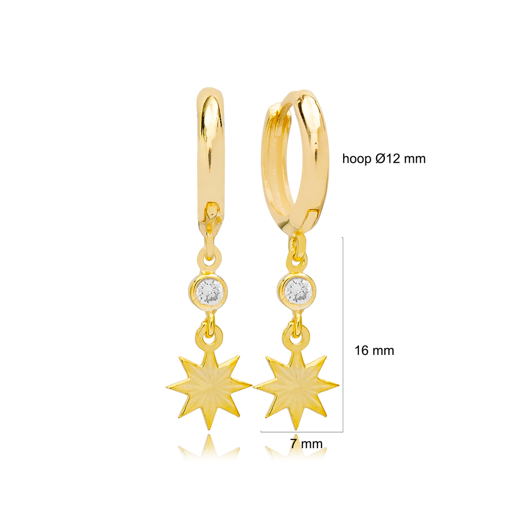 Plain Star Design Dangle Earrings Turkish Handmade 925 Sterling Silver Jewelry