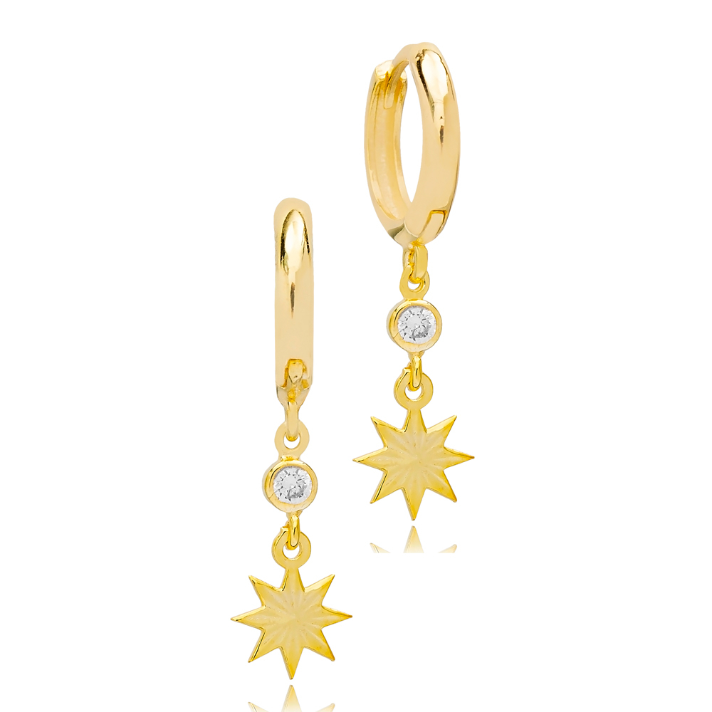 Plain Star Design Dangle Earrings Turkish Handmade 925 Sterling Silver Jewelry