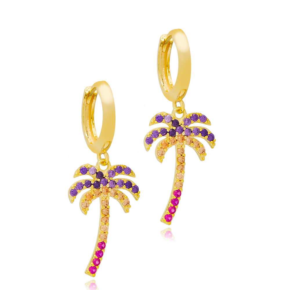 Summer Style Rainbow Mix Stone Palm Tree Dangle Earrings 925 Sterling Silver Jewelry