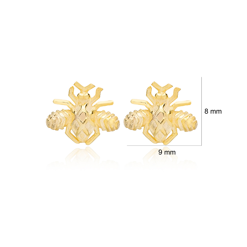 Cute Bee Design Plain Stud Earrings Turkish 925 Sterling Silver Jewelry