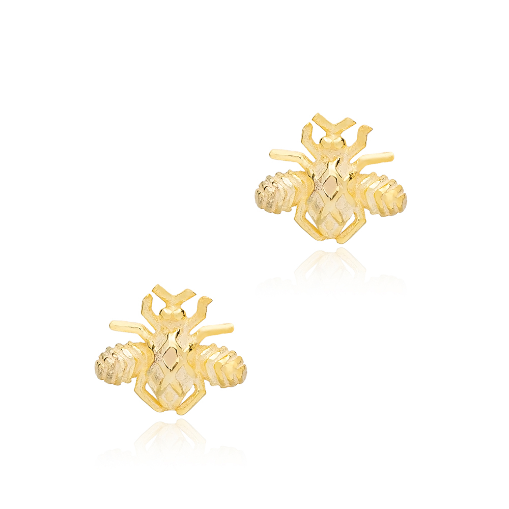 Cute Bee Design Plain Stud Earrings Turkish 925 Sterling Silver Jewelry