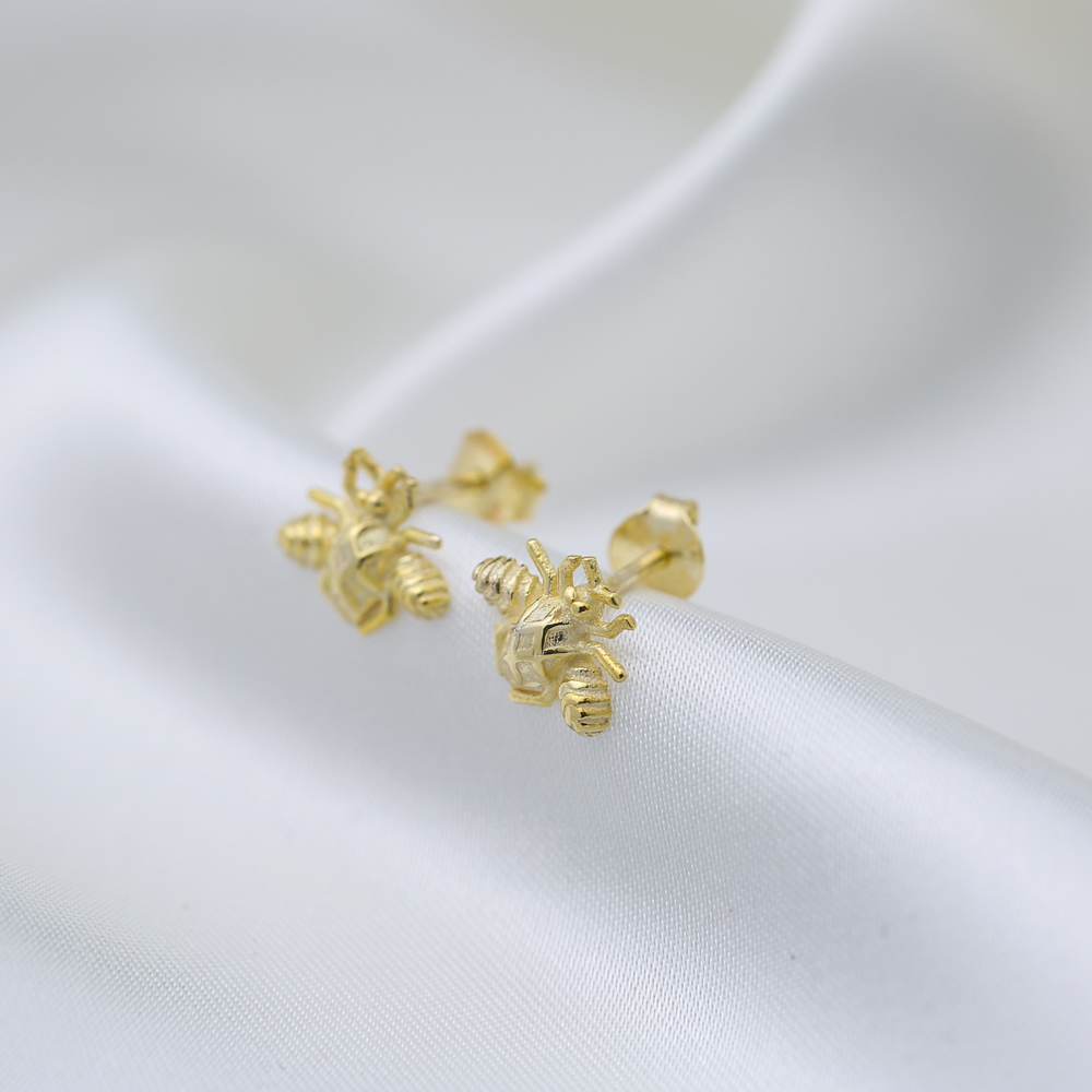 Cute Bee Design Plain Stud Earrings Turkish 925 Sterling Silver Jewelry