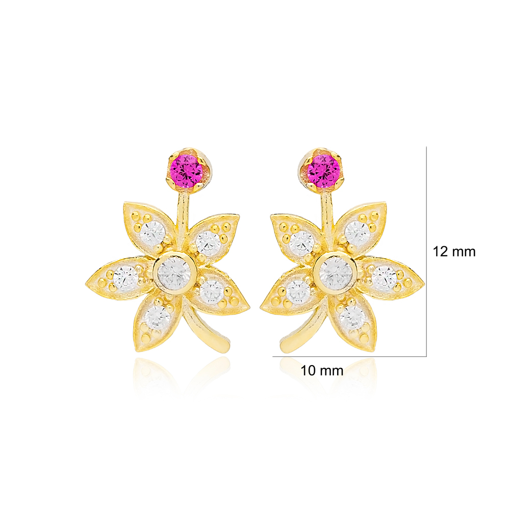 Flower Design Zircon Stud Earrings Turkish 925 Sterling Silver Jewelry