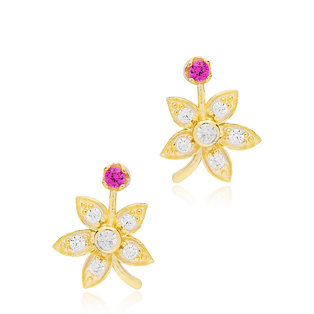 Flower Design Zircon Stud Earrings Turkish 925 Sterling Silver Jewelry