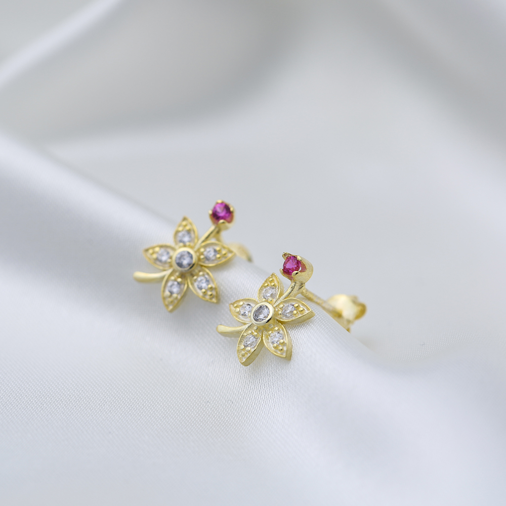 Flower Design Zircon Stud Earrings Turkish 925 Sterling Silver Jewelry