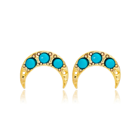 Turquoise Stone Moon Design Tiny Stud Earrings 925 Sterling Silver Jewelry