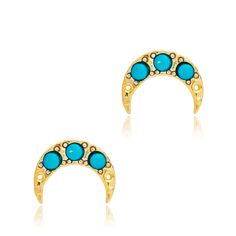 Turquoise Stone Moon Design Tiny Stud Earrings 925 Sterling Silver Jewelry