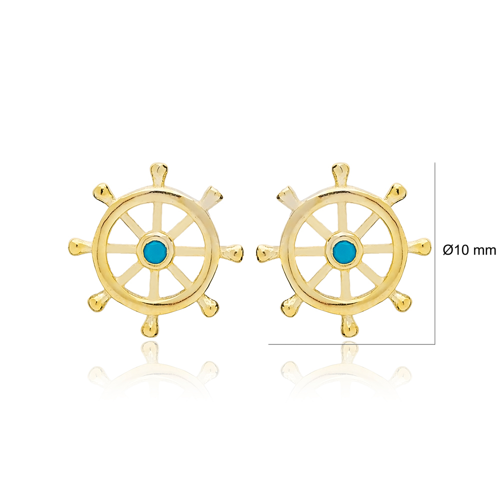 Rudder Helm Design Turquoise Stud Earrings Handcrafted 925 Sterling Silver Jewelry
