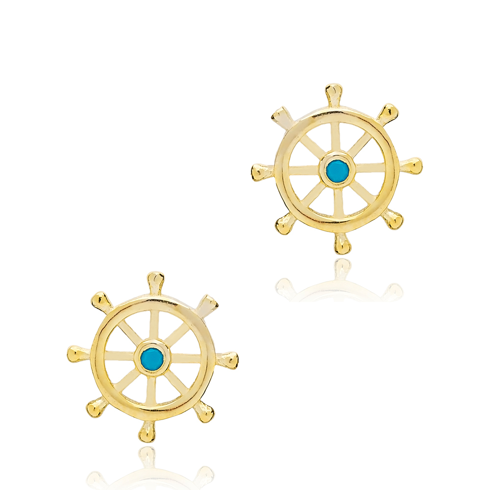Rudder Helm Design Turquoise Stud Earrings Handcrafted 925 Sterling Silver Jewelry