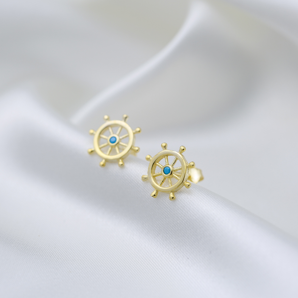 Rudder Helm Design Turquoise Stud Earrings Handcrafted 925 Sterling Silver Jewelry