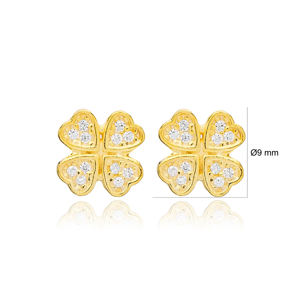 CZ Stone Clover Design Stud Earrings Handcrafted 925 Sterling Silver Jewelry