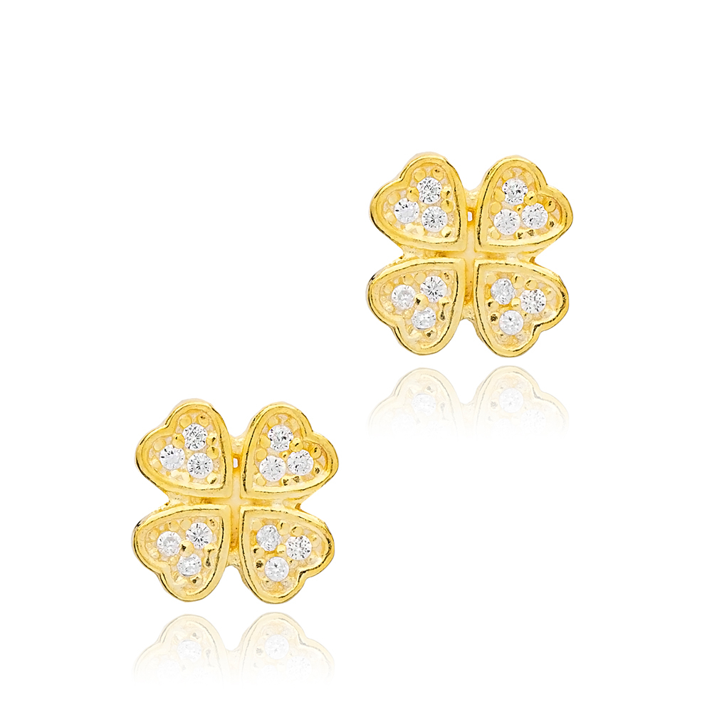 CZ Stone Clover Design Stud Earrings Handcrafted 925 Sterling Silver Jewelry