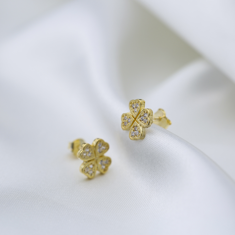 CZ Stone Clover Design Stud Earrings Handcrafted 925 Sterling Silver Jewelry