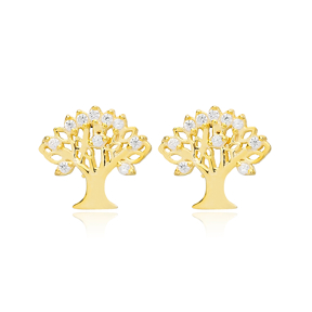 Tree Design Zircon Stone Stud Earrings Handcrafted 925 Sterling Silver Jewelry