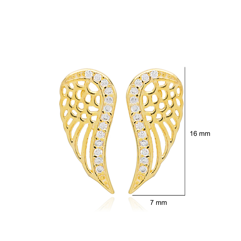 Wings Design Zircon Stone Stud Earrings Handcrafted 925 Sterling Silver Jewelry