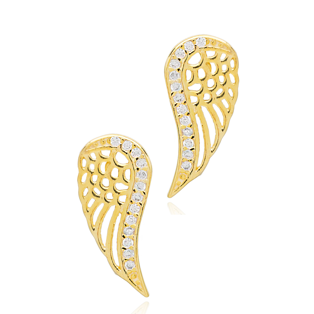 Wings Design Zircon Stone Stud Earrings Handcrafted 925 Sterling Silver Jewelry