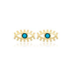 Eye Design Turquoise Stone Stud Earrings 925 Sterling Silver Jewelry