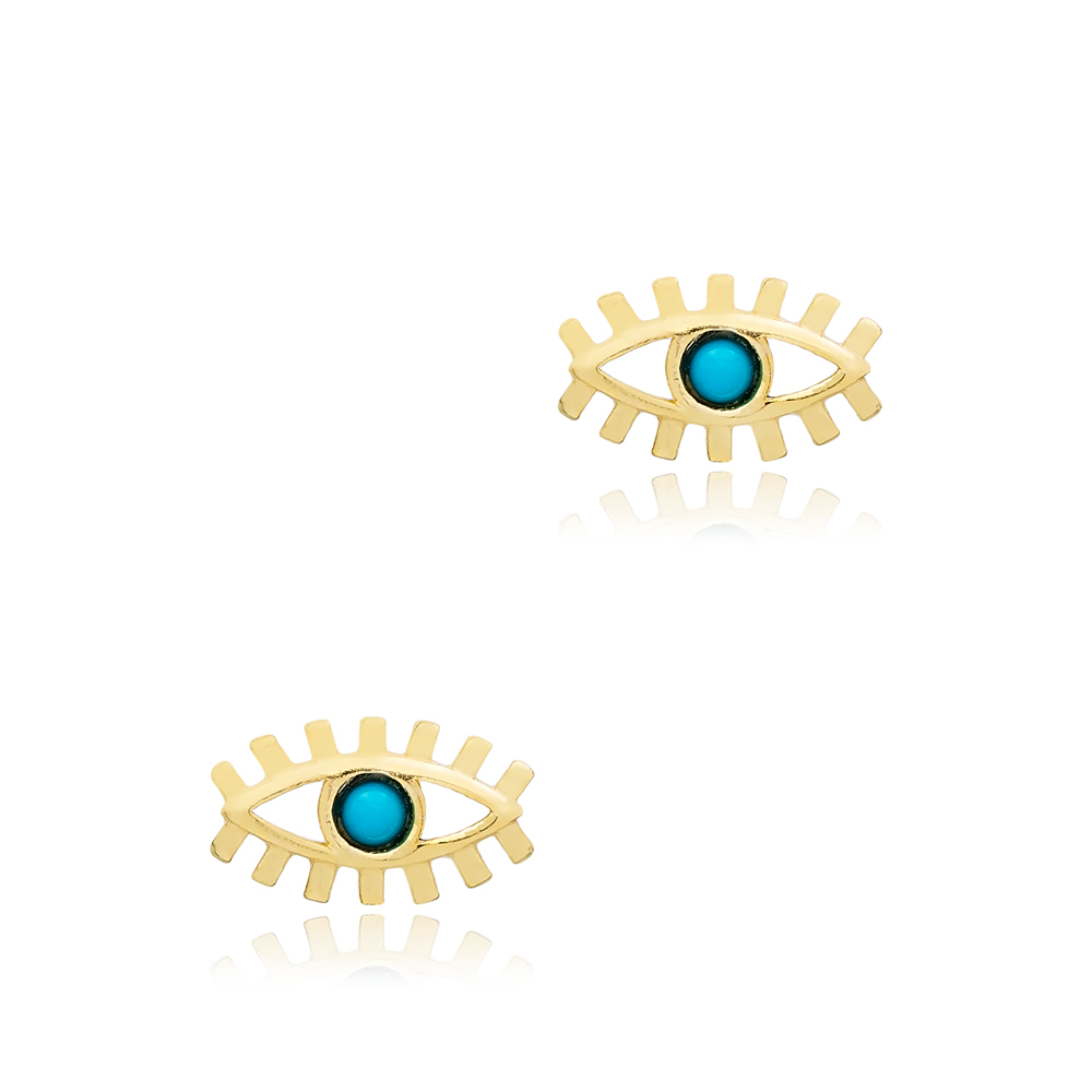 Eye Design Turquoise Stone Stud Earrings 925 Sterling Silver Jewelry