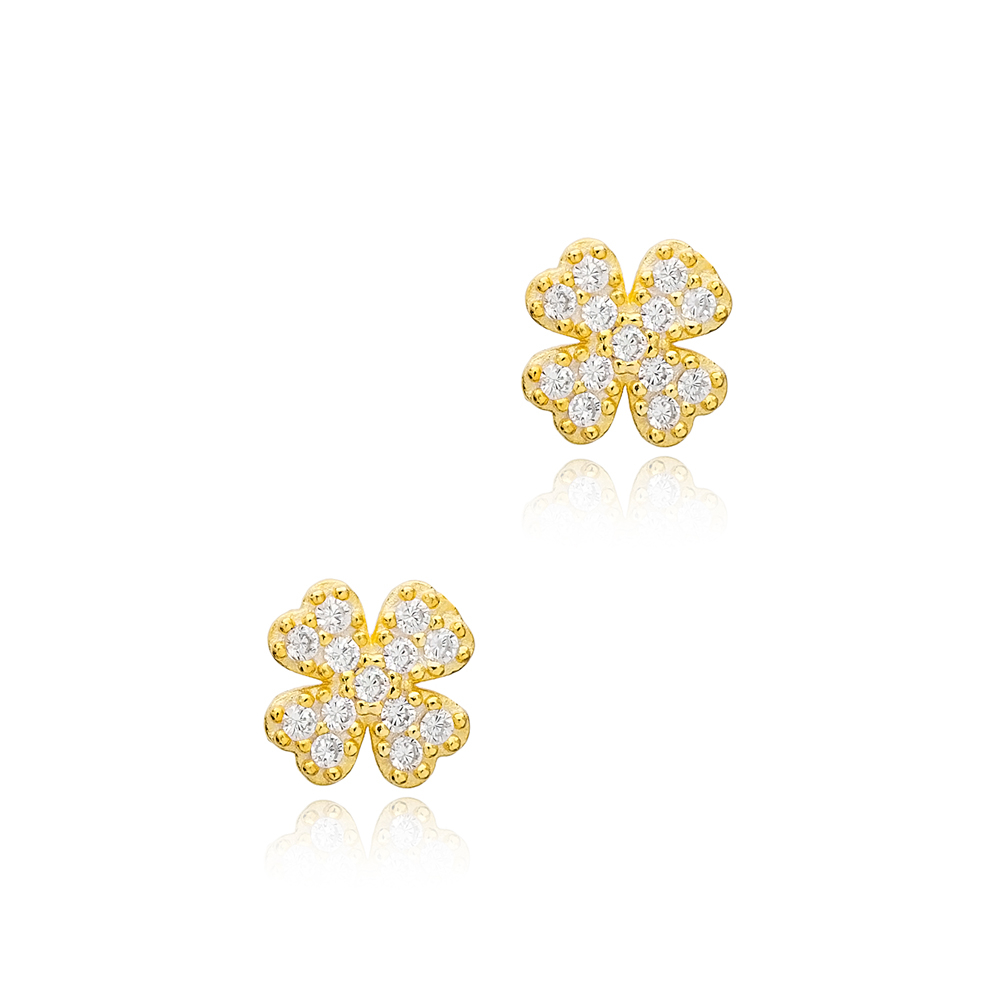 Four Leaf Clover Design Stud Earrings Women Turkish 925 Sterling Silver Jewelry