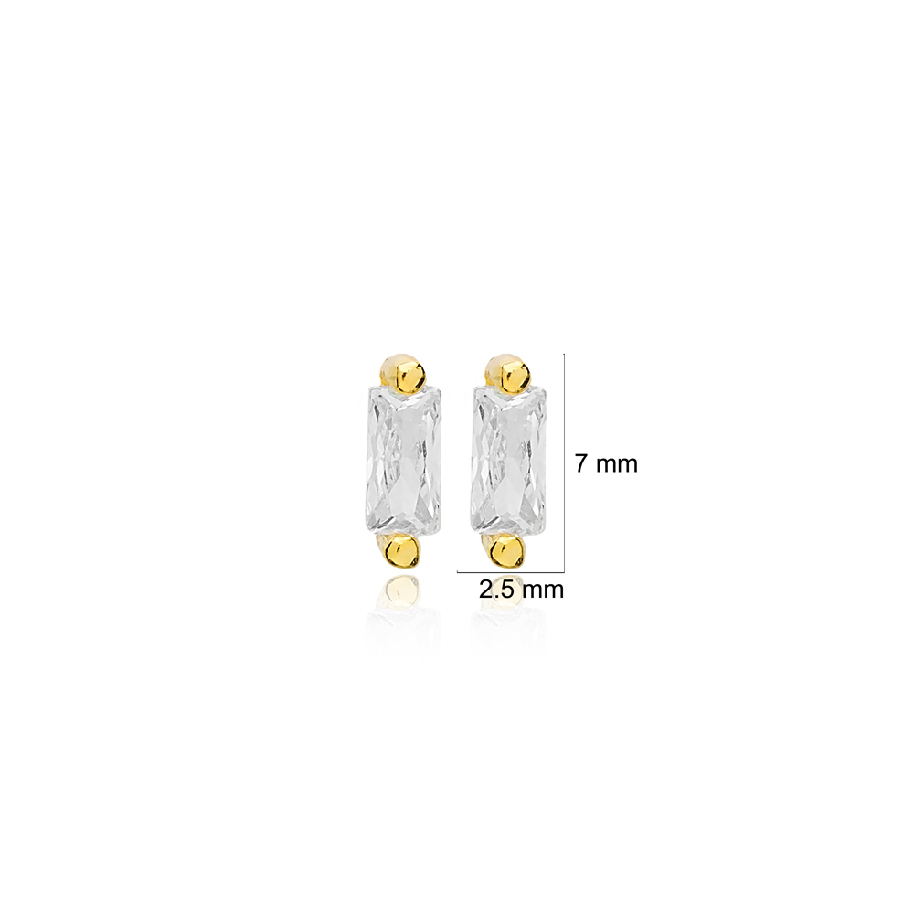 Tiny Baguette CZ Stone Stud Earrings 925 Sterling Silver Jewelry