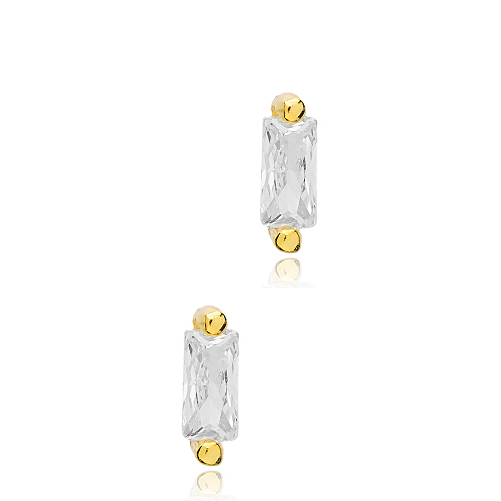 Tiny Baguette CZ Stone Stud Earrings 925 Sterling Silver Jewelry